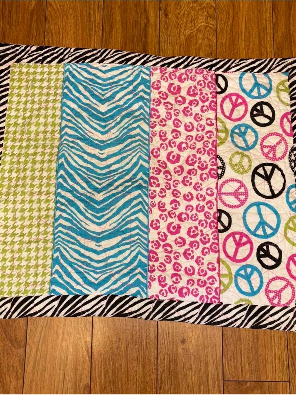 Y2K quilted pillowcase with peace signs and zebra print